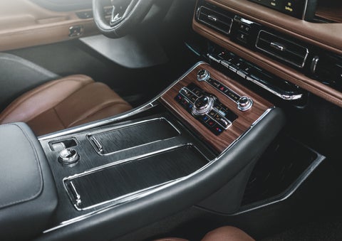The front center console of a 2024 Lincoln Aviator® SUV is shown | Mathews Lincoln in Marion OH