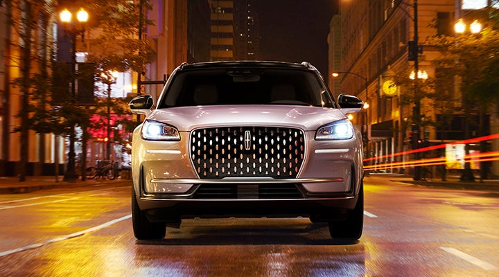 The striking grille of a 2024 Lincoln Corsair® SUV is shown. | Mathews Lincoln in Marion OH