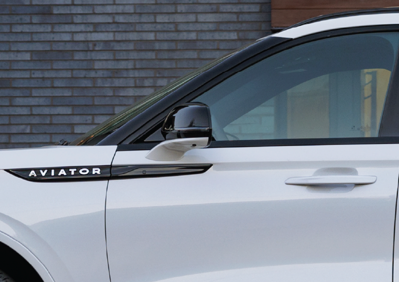 The driver’s door of a white 2025 Lincoln Aviator® SUV is showcased. | Mathews Lincoln in Marion OH