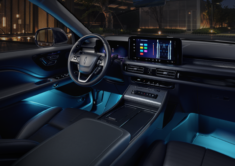 Deep blue ambient lighting glows from various places within a 2025 Lincoln Aviator® SUV. | Mathews Lincoln in Marion OH