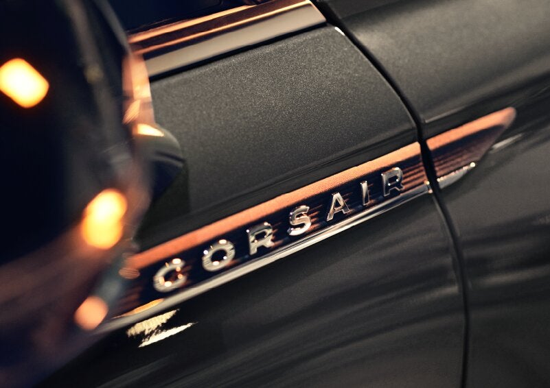 The stylish chrome badge reading “CORSAIR” is shown on the exterior of the vehicle. | Mathews Lincoln in Marion OH